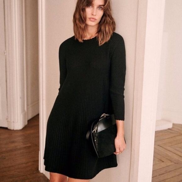 Sezane Luxe Merino Wool Blend Ribbed Janice Mini Dress Black Size XS - Picture 1 of 11